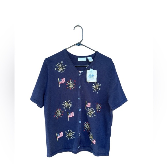 Croft & Barrow Navy blue Patriotic USA 4th July short sleeve button up Sweater M - Picture 1 of 7